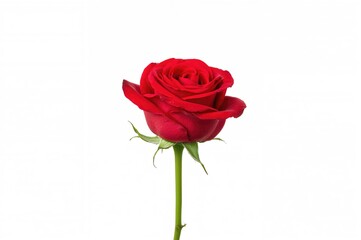 Fototapeta premium Stunning solitary crimson rose bloom set against a white backdrop. The monarch of blossoms. Perfect for romance time.