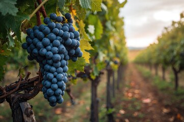 Cluster of blue grapes hanging on the vine