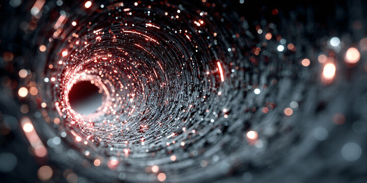 3d render of an abstract dark tunnel with glowing particles, a black hole or wormhole effect. shiny silver and red light on a grey background. abstract futuristic tech wallpaper. black hole. glowing l - Powered by Adobe