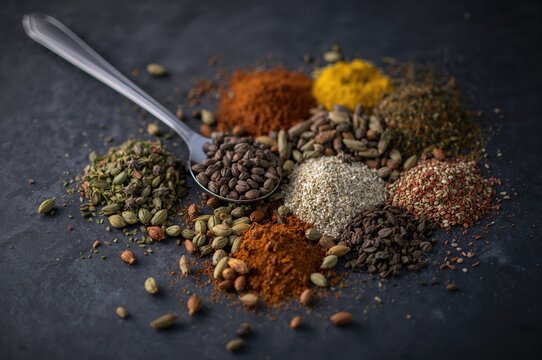Assorted vibrant herbs and spices arranged on a dark surface - Powered by Adobe