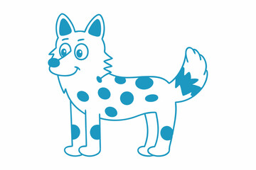 Cartoon dog cheerfully stands with a spotted body outlined in blue on a white background
