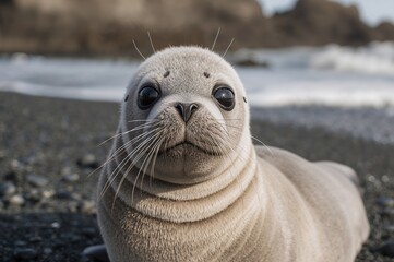 Close-up shot of an adorable seal resting on the sandy shore in its natural habitat.