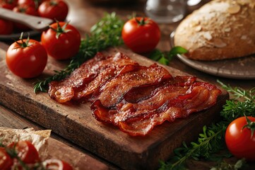 Sizzling bacon served with fresh tomatoes and herbs on a rustic wooden surface