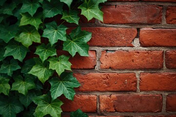 Detailed view of ivy foliage against a background of red bricks