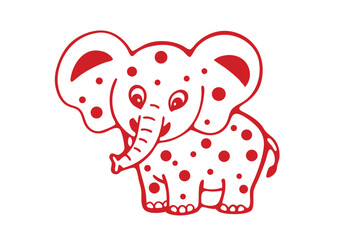 Cartoon elephant character adorned with red spots playfully stands against a plain white background