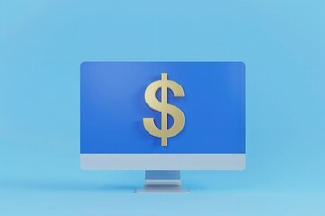 Obraz premium Dollar symbol displayed on a blue monitor backdrop. Concepts related to fintech and digital money. 3D illustration