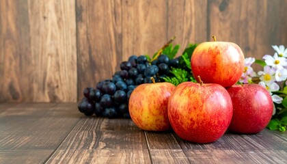 Fresh apples and grapes on a wooden surface with flowers