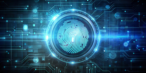 A futuristic representation of fingerprint technology highlights how biometric security works. Circuits and geometric shapes surround the fingerprint, representing advanced technology