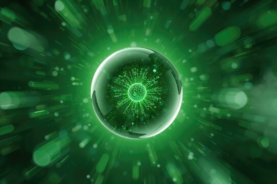 Luminous green orb with a molecular core set against a circular backdrop and surrounded by drifting blurred light spots.