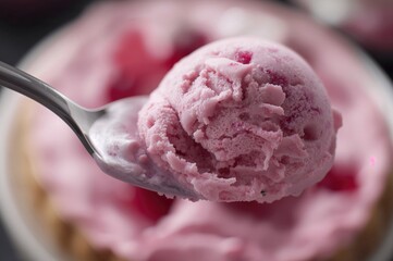 Spoonful of berry-flavored ice cream with a vibrant pink hue
