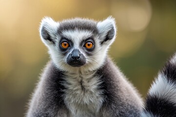 Obraz premium Close-up shot of an adorable ring-tailed lemur against a softly blurred backdrop with room for text.