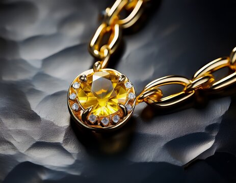 a golden chain features a faceted yellow topaz stone perfect for jewelry displays or accessories