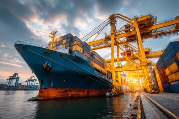 Vibrant sunset over a large container ship at a busy industrial port.