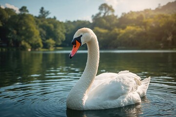 Fototapeta premium Elegant white swan gliding on calm lake surrounded by lush greenery during summer