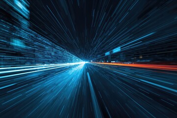 Rapid digital data transmission depicted on a blurred road symbolizing swift information exchange. Theme highlights upcoming technological evolution, groundbreaking innovation, and flexible business