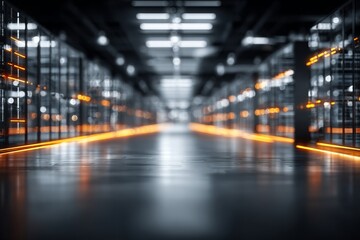 Futuristic data center corridor with glowing orange light trails and server racks.