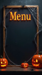 Empty mockup with space for text and the word Menu, decorated with carved pumpkins and spider webs around on a dark background. Halloween theme, concept of cafe promotions, holiday events 