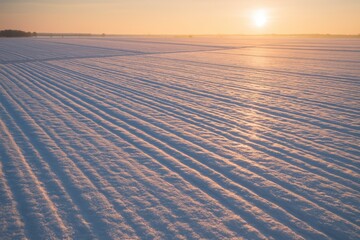 A tranquil aerial view of vast, snow-covered agricultural fields bathed in the warm glow of a winter sunrise or sunset.