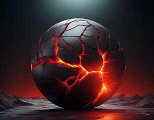 a lone red crack on a black sphere illuminated by a fiery glow in a dark void