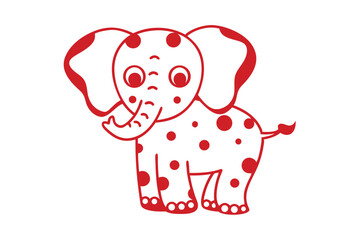 Cartoon elephant with red polka dots stands cutely on a white background
