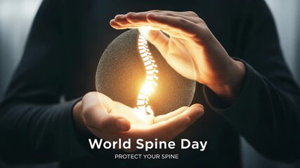 Hands cradle a glowing spine to protect it for world spine day awareness