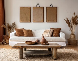 rustic coffee table near white sofa with brown pillows against wall with two poster frames boho ethnic home interior design of modern living room