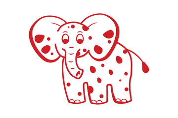 Cartoon elephant with red spots and cute facial features is depicted on white