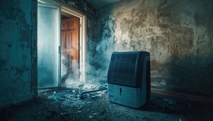 Fototapeta na wymiar A specialized dehumidifier operates in a mold-infested room following water damage.