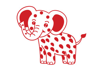 Cartoon elephant with red spots and a playful expression stands happily on a white background