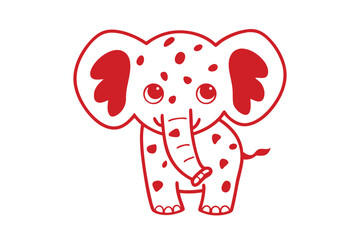 Cartoon elephant with red spots happily stands on white background in clean design