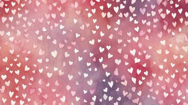 A whimsical watercolor background featuring a multitude of small hearts in soft pink and red hues.