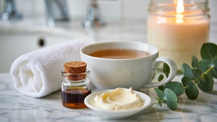 Spa day elements providing a sense of calm and self care, including a cup of herbal tea, essential oil, body cream, burning candle, eucalyptus, and a white towel on marble