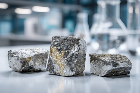 Close-up of raw mineral ore samples, showcasing metallic elements in a lab.