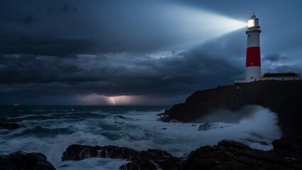 Lighthouse beacon illuminating a stormy night at sea, guiding ships through crashing waves and lightning, symbolizing safety and resilience against turbulent weather