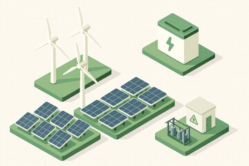 Isometric style image showing wind turbines, solar panels, battery storage, and power station on light background, concept of clean energy