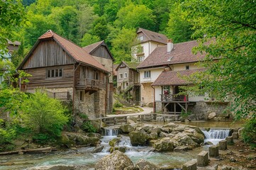 Enchanting features of a serene village with classic wooden homes, ancient stone mills, and lush greenery. The old-world design and bubbling brooks form a picturesque, rustic setting.