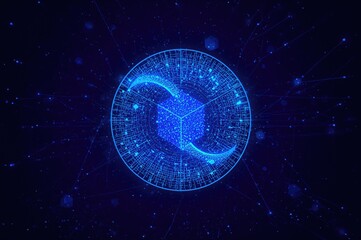 Rotating Blue Digital Cube within a Circular Frame, Abstract Tech and Blockchain Network Visualization, 3D Rendered Metaverse Concept