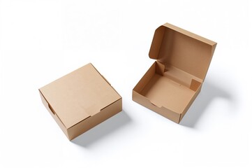 Mockup of burger packaging showcasing both sealed and unsealed kraft boxes. Design for fast food, sandwiches, and lunch items against a white backdrop from an elevated perspective.