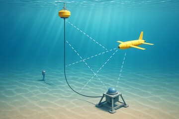 Underwater drone communicates with sonar sensors and buoy system, digital style, ocean floor background, concept of marine navigation