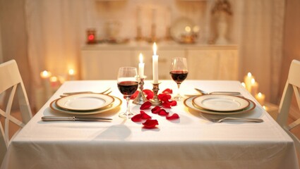 Fototapeta premium Romantic table set for two with glowing candles, red wine, and rose petals, creating a warm ambiance for a special dinner, date, or anniversary celebration