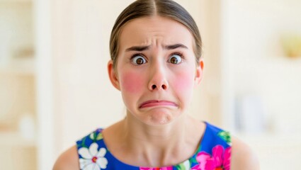 Young woman showing an embarrassed and blushing expression, feeling shame or awkwardness, reacting with a shocked facial gesture to a surprising event