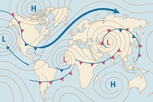 World map with high and low-pressure systems, jet streams, and isobar lines in flat graphic style on blue background, concept of meteorology