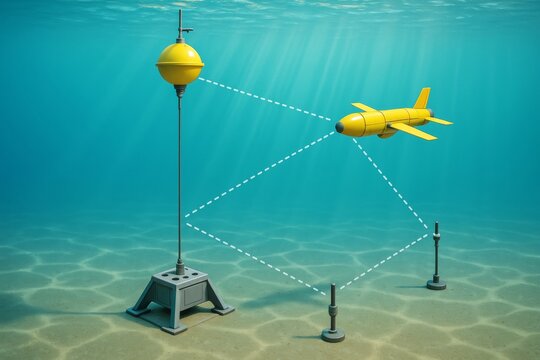 Yellow underwater drone navigating using sonar signals from buoy and seabed sensors, digital art style, under ocean background, concept of marine technology