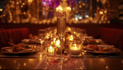 Festive celebration setup featuring a champagne glass adorned with red and gold sparkles