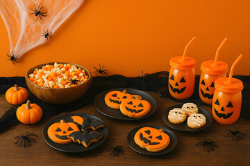 Festive Halloween snack table with pumpkin cookies, bat-shaped treats, candy corn popcorn, and jack-o-lantern drink cups against a bright orange background