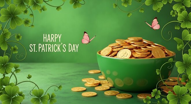Happy st patricks day greeting with a pot of gold, shamrocks, and butterflies - Powered by Adobe