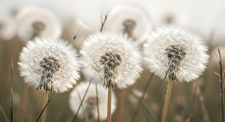Three fluffy dandelion seed heads in a field, one seed flying away