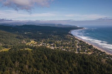 Fototapeta premium Bird's-eye view of a coastal town surrounded by lush forest and ocean horizon with houses in the foreground