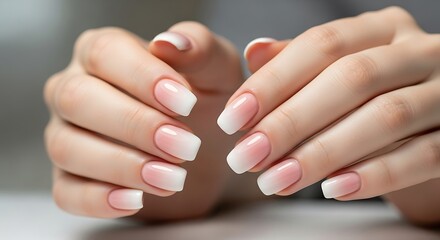 Fototapeta premium Elegant Woman Hands with French Manicure Resting on Surface