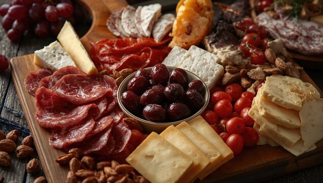 Selection of appetizers featuring various cheeses, salami, grapes, and nuts on a serving board